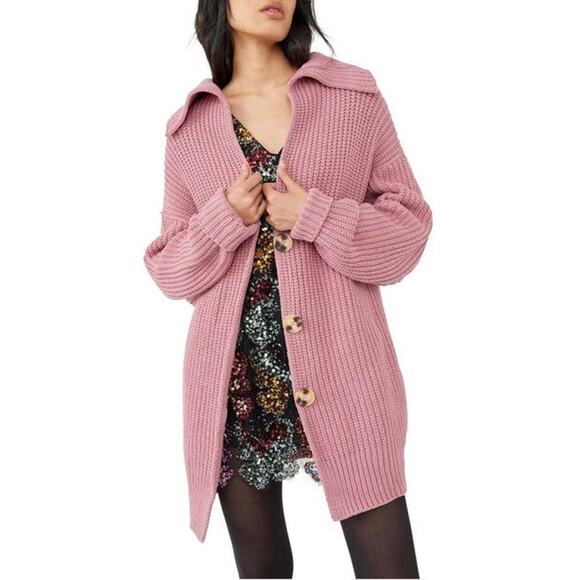 Free People Swim Too Deep Cardigan Smoked Pink Knit Seater Oversized Small Rose - Picture 1 of 7